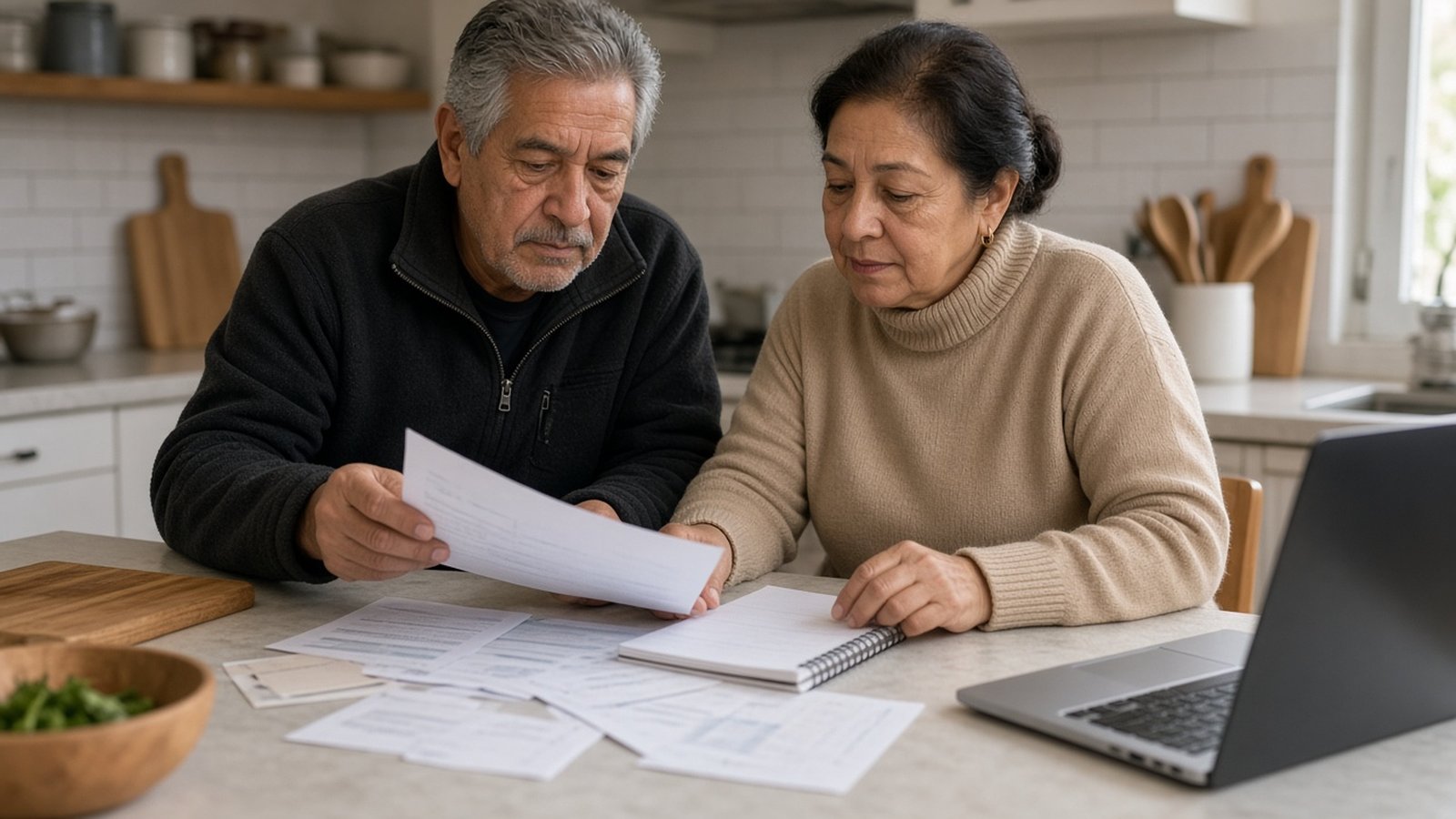 A man in a black zip fleece and a woman in a beige turtleneck sort bills and a notebook at a kitchen counter beside a laptop