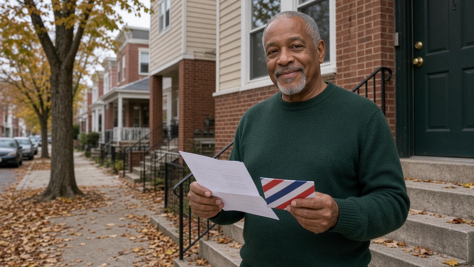 An older man in a dark green crewneck sweater holds an opened letter on the front steps of a brick row house in autumn