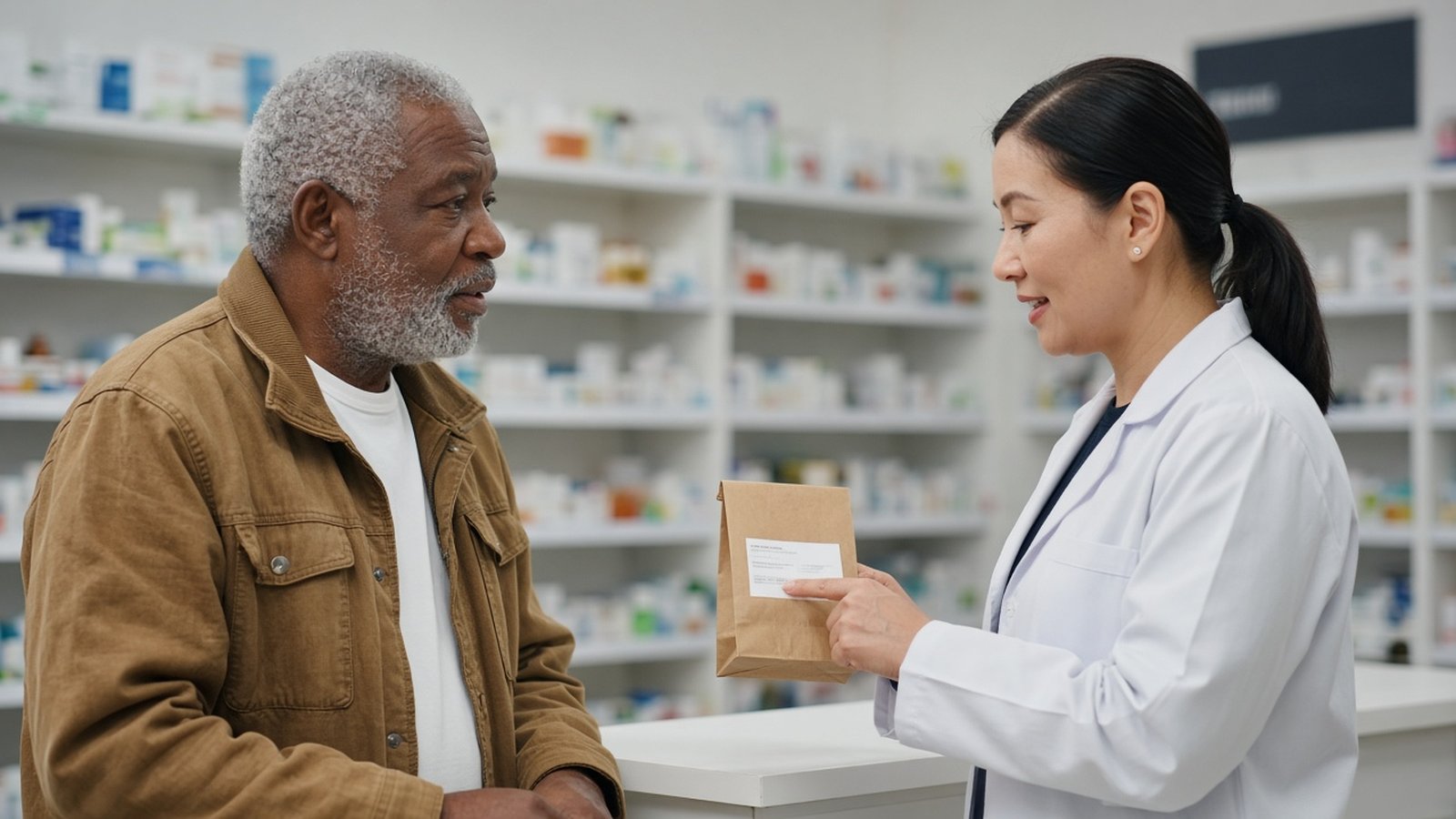 An older man in a tan barn jacket listens as a pharmacist points to the label on a prescription bag at the counter