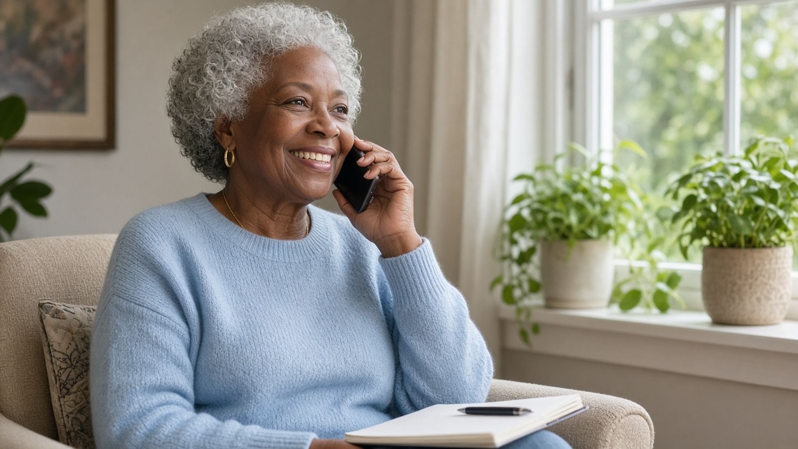 A smiling older woman in a light blue sweater talks on her phone in an armchair by a sunny window, a notebook in her lap